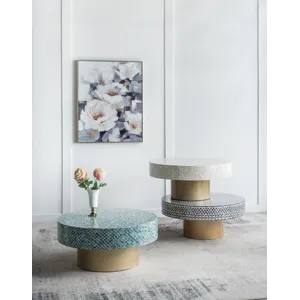 Unique Capiz Coffee Table With Pedestal Base - Gray / Ivory / Gold