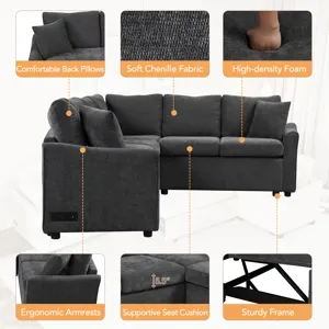 L-Shaped Sofa Convertible Sofa Bed Pull Out Sofa Sleeper With Two Back Pillows, Two USB Ports And Tw