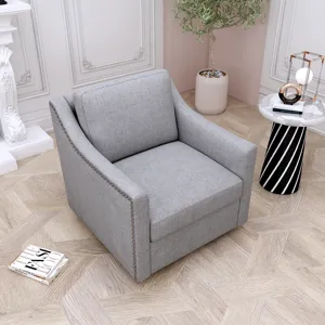 360 Degree Swivel Armchair Cotton Linen Skin-Friendly Fabric Ergonomic Design Brass Nail Decorative 