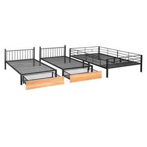 Full Over Twin & Twin Bunk Bed, Metal Triple Bunk Bed With Drawers And Guardrails - Black