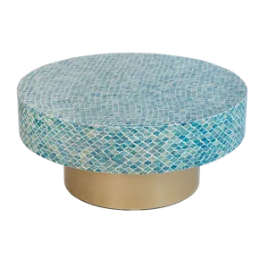 Unique Hyperion Capiz Inlay Drum Coffee Table With Gold Pedestal Base - Multi