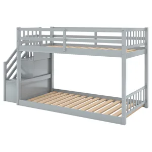 Twin Over Twin Floor Bunk Bed, Ladder With Storage - Gray