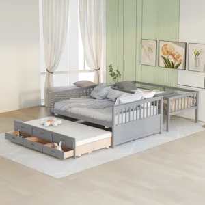 Twin Over Full Bunk Bed With Twin Size Trundle, Separable Bunk Bed With Drawers For Bedroom - Gray