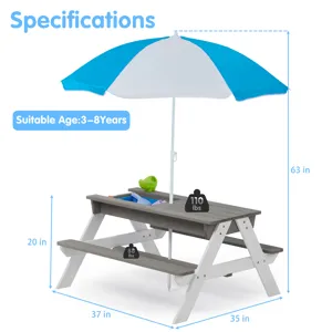 3-In-1 Kids Outdoor Wooden Picnic Table With Umbrella, Convertible Sand & Water, ASTM & CPSIA Certif