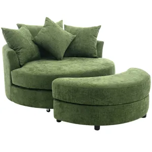 360° Swivel Accent Barrel Chair With Storage Ottoman & 4 Pillows, Modern Chenille Leisure Chair Roun