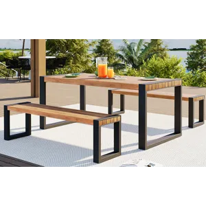 3 Pieces Outdoor Dining Table With 2 Benches, Patio Dining Set With Unique Top Texture, Acacia Wood 