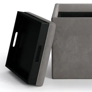 Rockwood - Cube Storage Ottoman with Tray - Distressed Slate Grey
