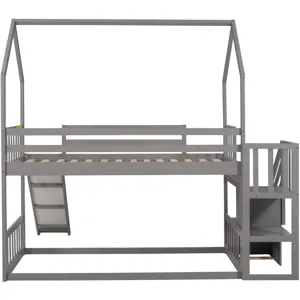 Twin Over Twin House Bunk Bed With Convertible Slide, Storage Staircase Can Be Placed Left Or Right 