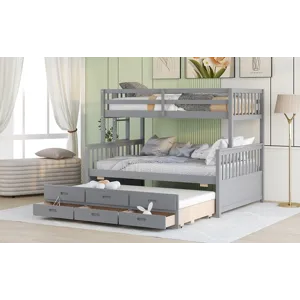 Twin Over Full Bunk Bed With Twin Size Trundle, Separable Bunk Bed With Drawers For Bedroom - Gray
