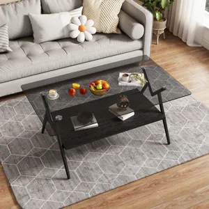 Rectangle Coffee Table With Tempered Glass Top And Black MDF Shelf, Modern Table For Living Room - G