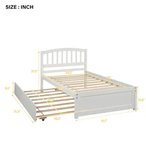 Twin Size Platform Bed Wood Bed Frame With Trundle - White