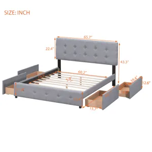 Queen Size Upholstered Platform Bed With Classic Headboard And 4 Drawers, No Box Spring Needed - Lig