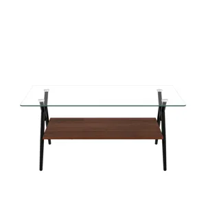 Rectangle Coffee Table With Tempered Glass Top And Metal Legs, Modern Table For Living Room, Transpa