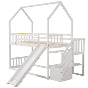 Twin Over Twin House Bunk Bed With Convertible Slide, Storage Staircase - White