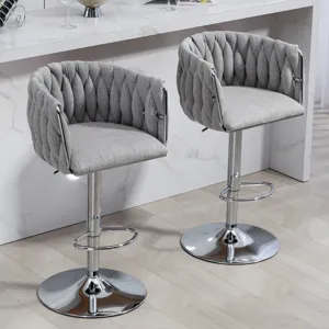 360 Degree Swivel Bar Stools Adjustable Counter Height Bar Chairs With Woven Back & Footrest, Silver