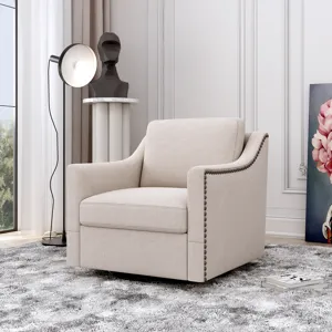 360 Degree Swivel Armchair Cotton Linen Skin-Friendly Fabric Ergonomic Design Brass Nail Decorative 