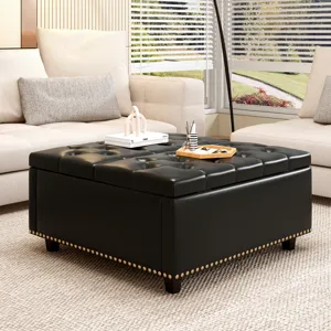 Large Square Storage Stool With Two Storage Doors, Footstool For Living Room Studded Mid-Century Mod