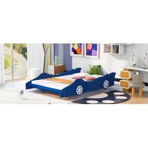 Full Size Race Car-Shaped Platform Bed With Wheels - Blue