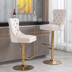 Thick Golden Swivel Velvet Barstools Adjusatble Seat Height From 27-35\", Modern Upholstered Bar Sto
