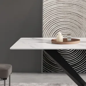 63\" Modern Artificial Stone Straight Edge Metal X-Leg Dining Table, 6 People - White / Black