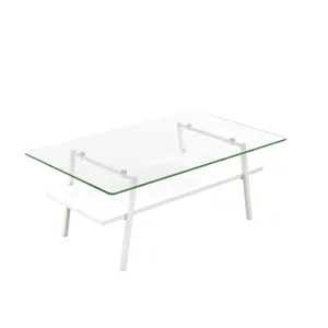 Rectangle Coffee Table, Tempered Glass Tabletop With Metal Legs, Modern Table For Living Room - Tran