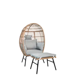 Outdoor Garden Wicker Egg Chair And Footstool Patio Chaise, With Cushions, Outdoor Indoor Basket Cha