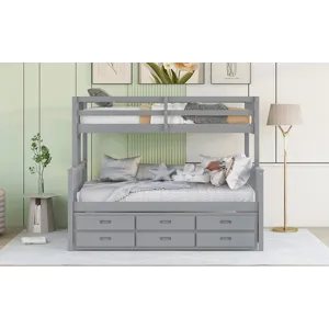 Twin Over Full Bunk Bed With Twin Size Trundle, Separable Bunk Bed With Drawers For Bedroom - Gray