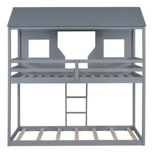 78\" Twin Over Twin Bunk Bed Wood Bed With Roof, Window, Guardrail, Ladder - Gray
