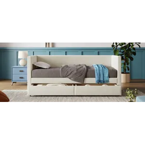 Twin Size Corduroy Daybed With Two Drawers And Wood Slat - Beige