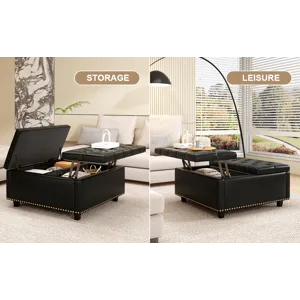 Large Square Storage Stool With Two Storage Doors, Footstool For Living Room Studded Mid-Century Mod