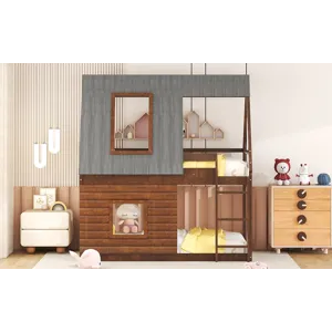 Wood Twin Size House Bunk Bed With Roof, Ladder And 2 Windows - Oak & Smoky Gray
