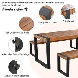 3 Pieces Outdoor Dining Table With 2 Benches, Patio Dining Set With Unique Top Texture, Acacia Wood 