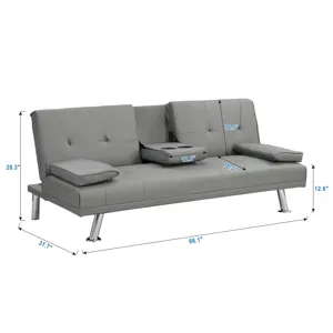 Sofa Bed With Armrest Two Holders Wood Frame, Stainless Leg Futon - Gray