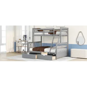 Twin Over Full Bunk Bed With Ladders And Two Storage Drawers - Gray