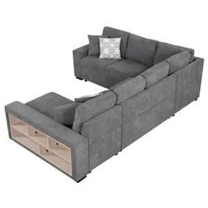 U-Shaped Sectional Sofa Pull-Out Sofa Bed With Two USB Ports, A Storage Chaise Lounge And Four Back 