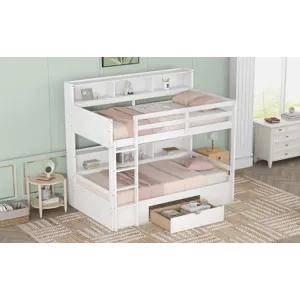 Twin Size Bunk Bed With Built-In Shelves Beside Both Upper And Down Bed And Storage Drawer - White