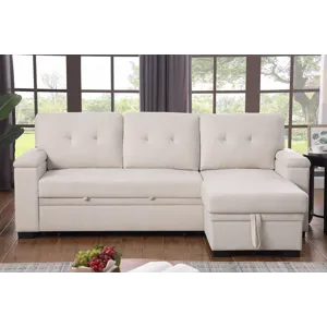 Lucca II  - 84.5\"W Beige Woven Fabric Reversible Sleeper Sectional Sofa With Storage Chaise and Poc