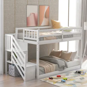 Twin Over Twin Floor Bunk Bed, Ladder With Storage - White