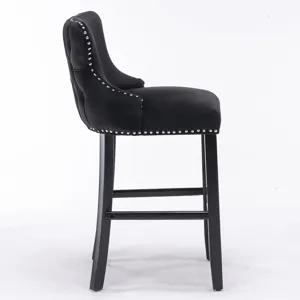 Contemporary Velvet Upholstered Wing-Back Barstools With Button Tufted Decoration And Wooden Legs, A