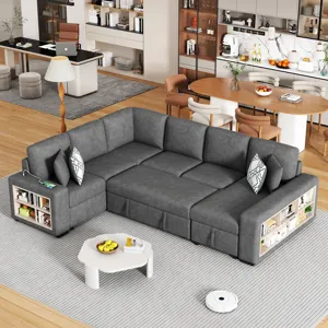 U-Shaped Sectional Sofa Pull-Out Sofa Bed With Two USB Ports, A Storage Chaise Lounge And Four Back 