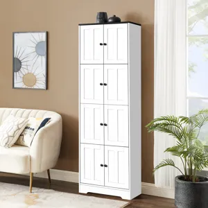 Tall Storage Cabinet With 8 Doors And 4 Shelves, Wall Storage Cabinet For Living Room, Kitchen, Offi