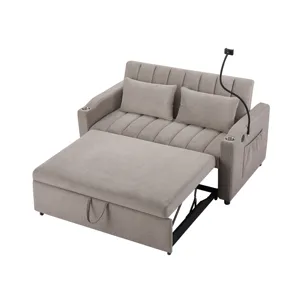 Convertible Sofa Bed Loveseat Sofa With Three USB Ports, Two Side Pockets, Two Cup Holders And 360° 