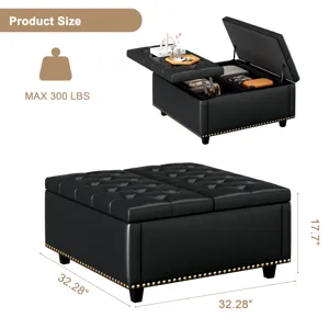 Large Square Storage Stool With Two Storage Doors, Footstool For Living Room Studded Mid-Century Mod