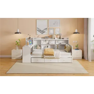 Twin Size Wooden Daybed With 3 Drawers, USB Ports And Desk - White