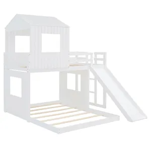Wooden Twin Over Full Bunk Bed, Loft Bed With Playhouse, Farmhouse, Ladder, Slide And Guardrails - W