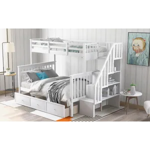 Twin Over Full Stairway Bunk Bed With Drawer, Storage And Guard Rail For Bedroom, Dorm, For Adults -
