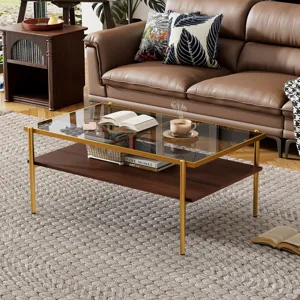 Rectangle Coffee Table With Tempered Glass Top, Modern Table For Living Room - Gray / Gold