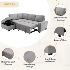 Sleeper Sectional Sofa, L-Shape Corner Couch Sofa - Bed With Storage Ottoman & Hidden Arm Storage & 