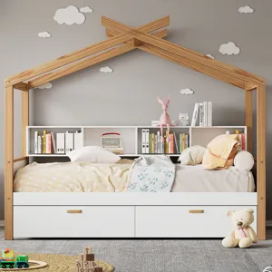Twin Size Wooden House Bed Original Wood Colored Frame With Two Drawers And Bookshelf Storage Space 