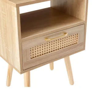 15.75\" Rattan End Table With Power Outlet & USB Ports, Modern Nightstand With Drawer And Solid Wood
